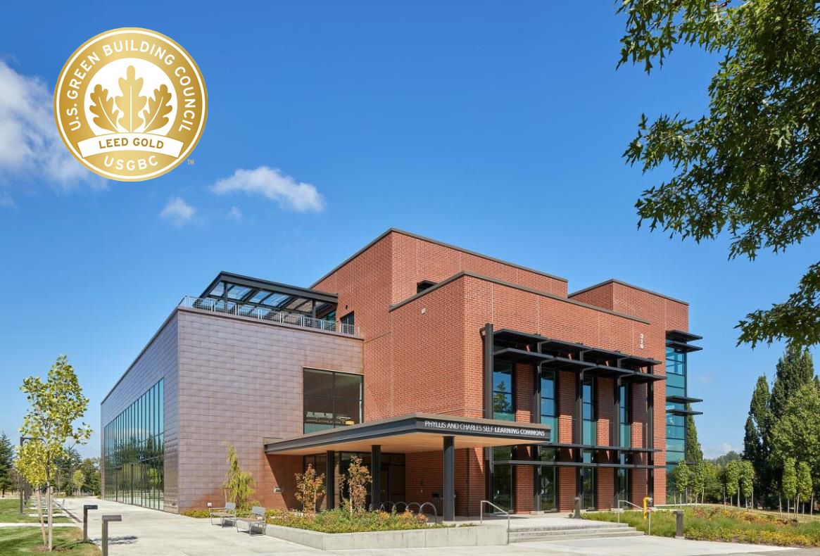 Learning Commons exterior-with LEED Gold emblem
