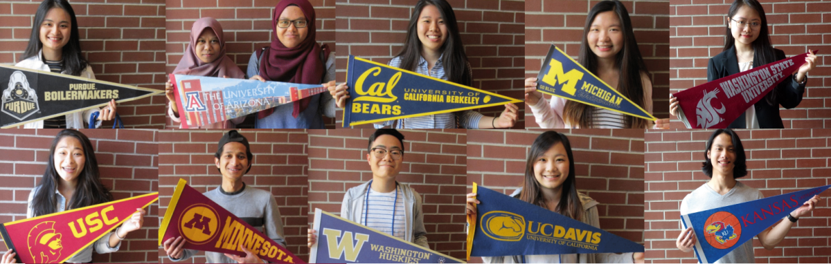 international students holding university pennants from around the U.S.