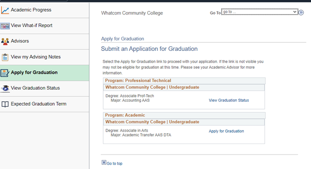 A screenshot of ctcLink process to apply for graduation. This step shows students how to log into ctcLink and from the student homepage, click on the academic progress tile. Then choose apply for graduation.