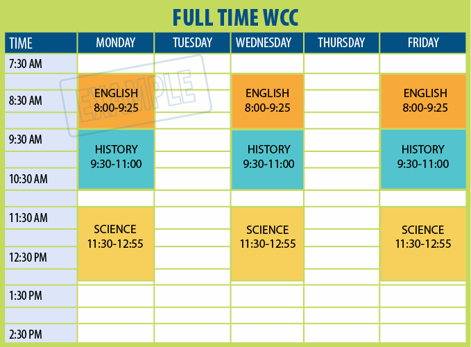 Graphic of a sample schedule for a full time Running Start student