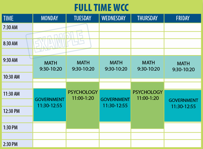 Graphic of a sample schedule for a full time Running Start student with classes in the afternoon