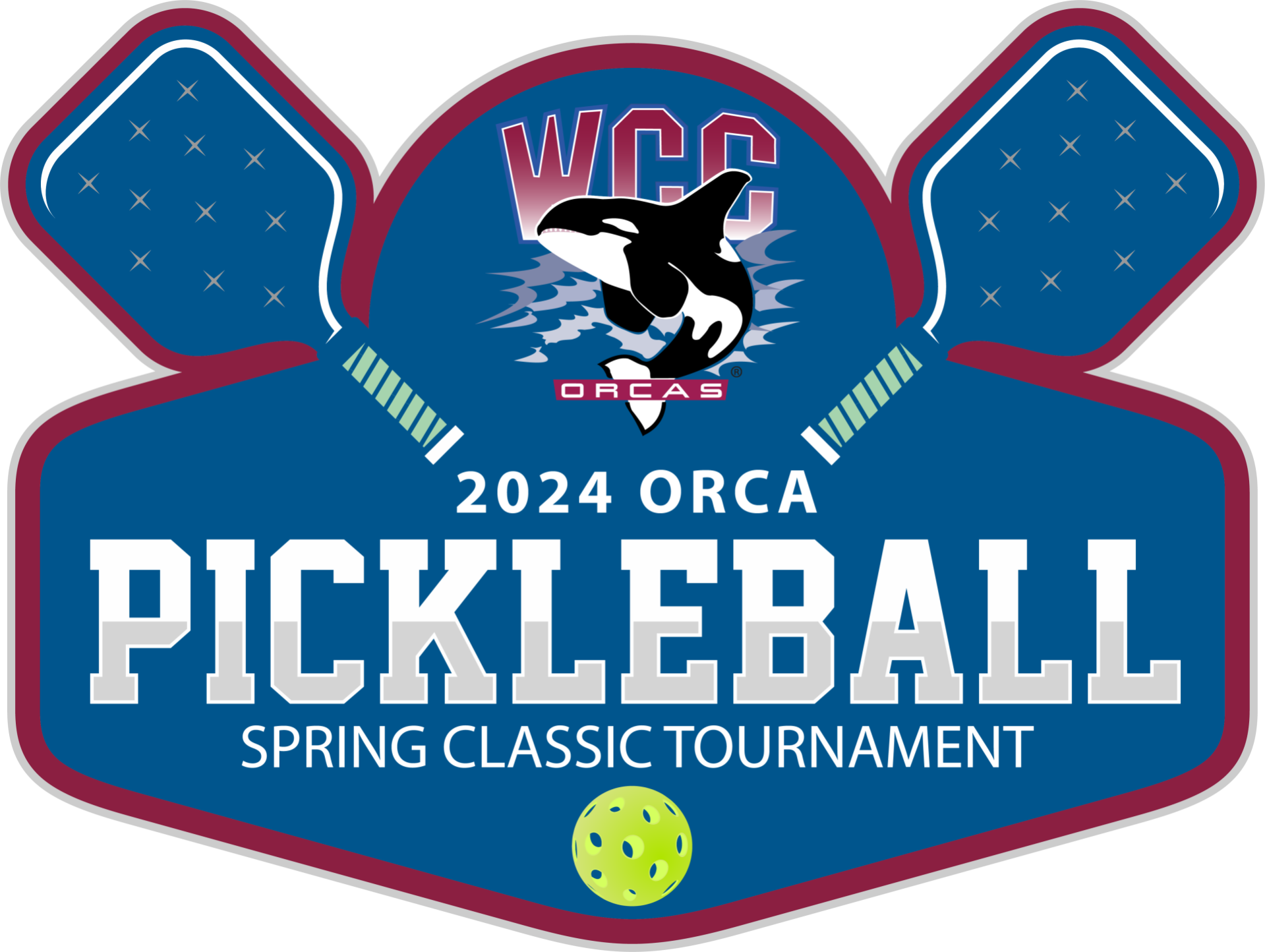 2024 Pickleball Tournament logo - blue background with Orca leaping out of water and image of a pickleball