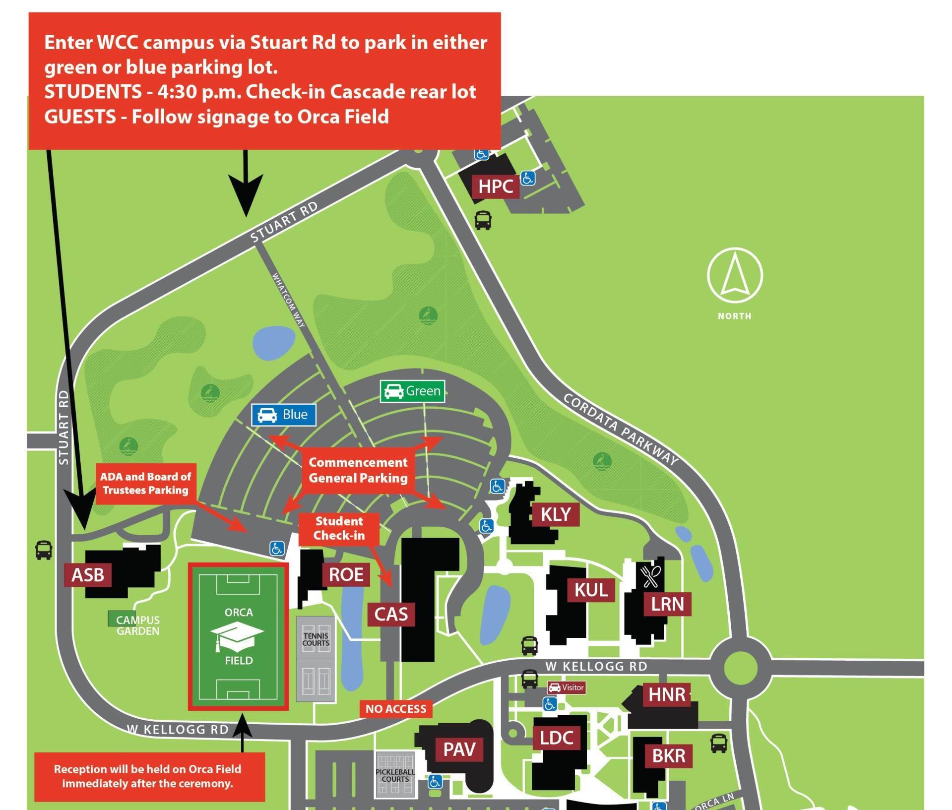2024 WCC Campus Map showing key areas for commencement