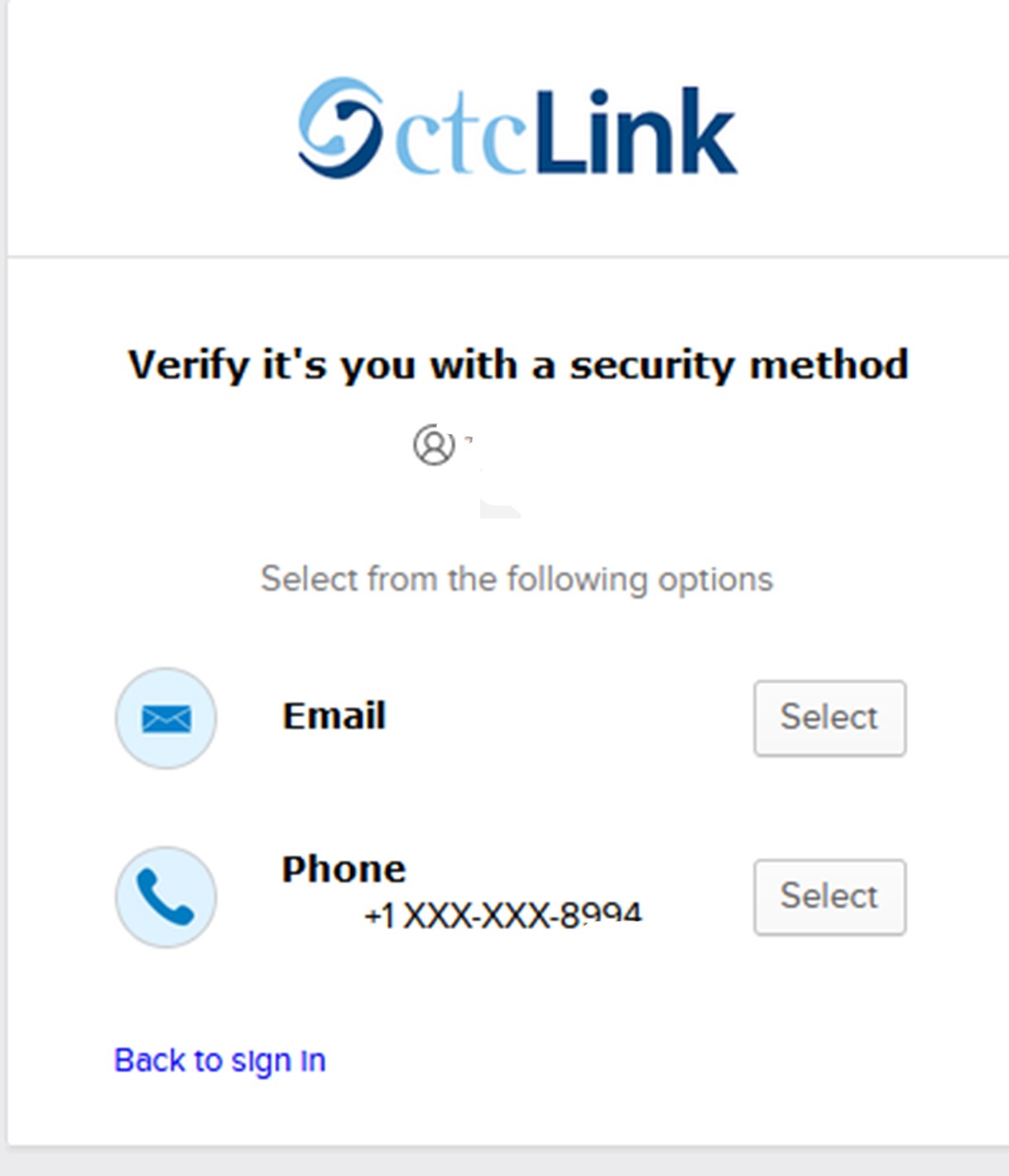 A screenshot of ctcLink dashboard. Screenshot states 'Verify it's you with a security method'. There are options to verify with email or phone.