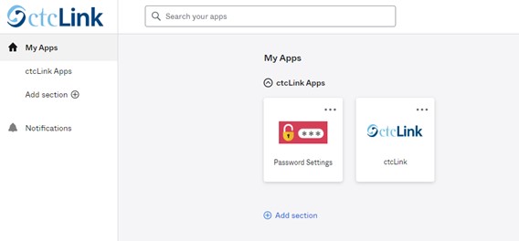 A screenshot of ctcLink dashboard. 3.	After you verify which method you would like to login with, the ctcLink Account Portal (My Apps) page will display. Click the Password Settings button to open the settings app.