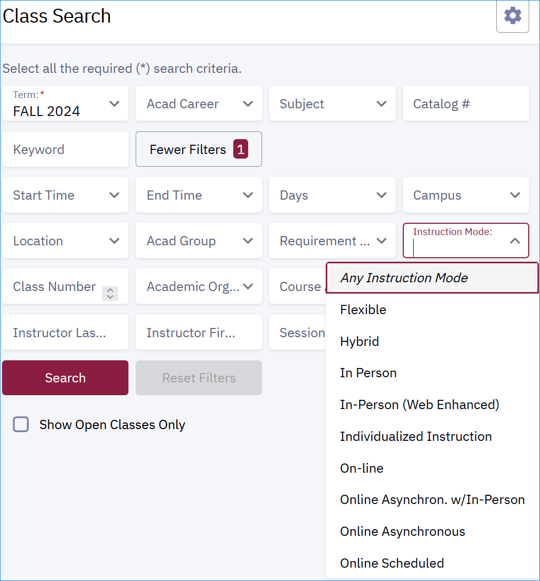 Instruction Mode menu in Class Search, open to show menu items Flexible, Hybrid, In-Person, In-Person (Web Enhanced), Individualized Instruction, On-Line, Online Asynchronous with In-Person, Online Asynchronous, Online Scheduled