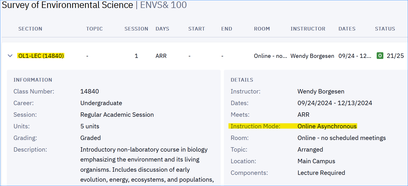 Course opened to show details in class search. Section code is highlighted on the left, and instruction mode is highlighted on the right.